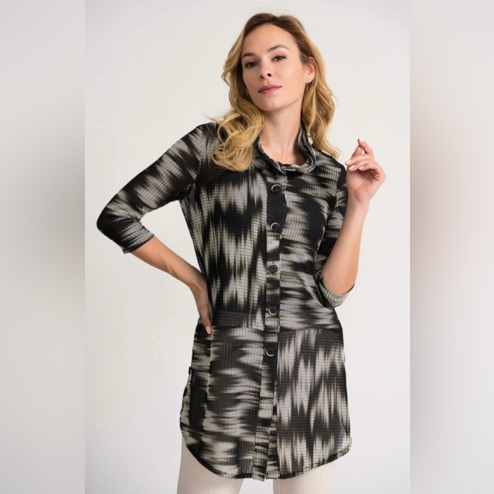 Joseph Ribkoff black beige pattern wired collar sheer tunic jacket new size 8